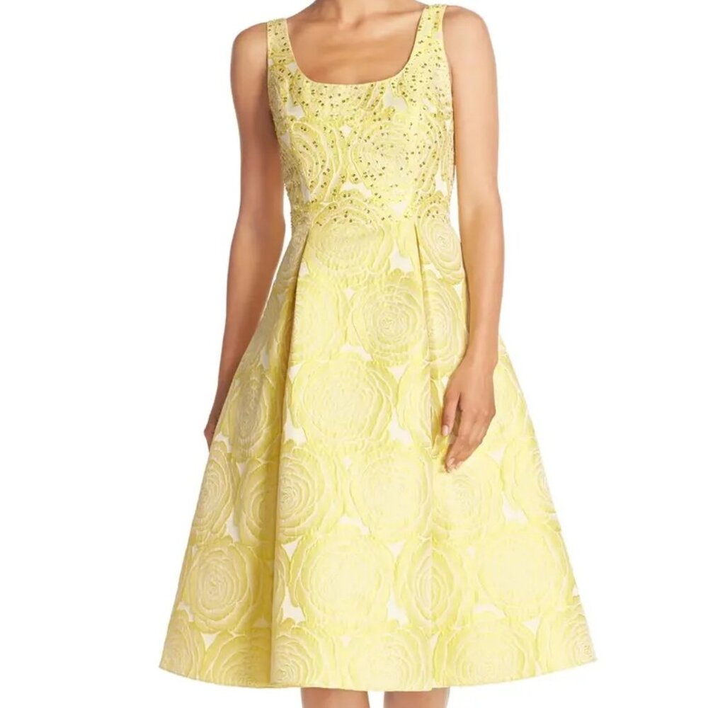 ADRIANNA PAPELL Plus 14W yellow jacquard sequin embroidered fit & flare Dress